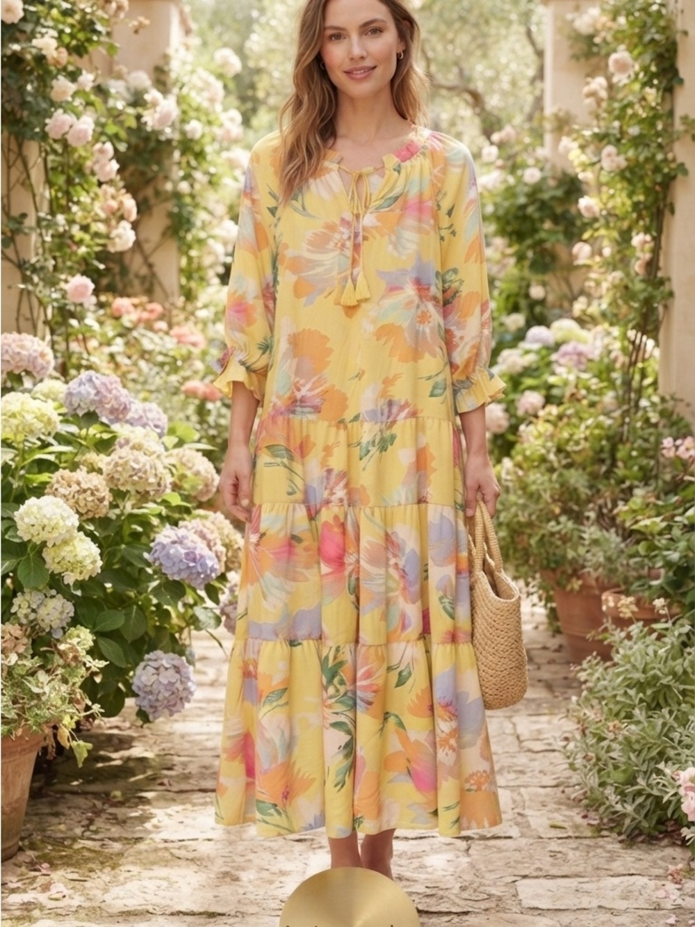 easel Yellow Floral Tiered Maxi Dress with Tassel Tie - Picture 2 of 9